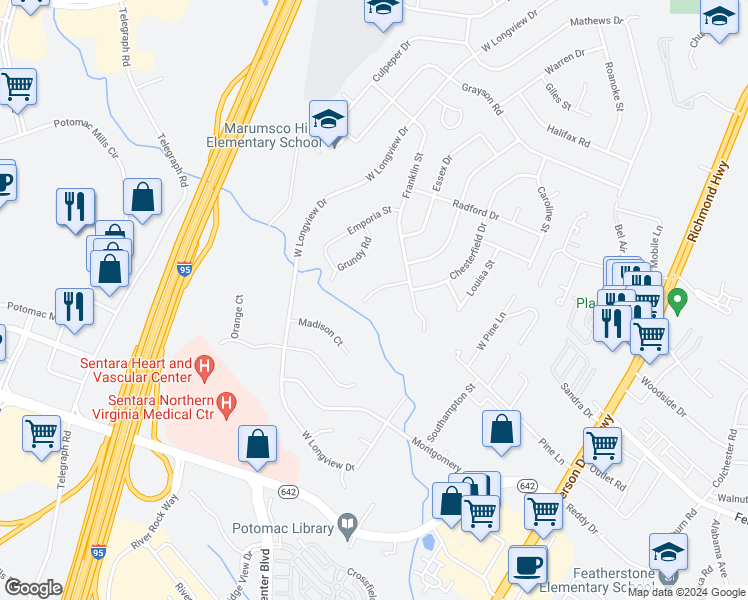 map of restaurants, bars, coffee shops, grocery stores, and more near 2111 Patrick Street in Woodbridge