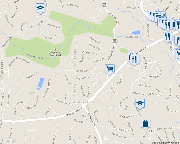 map of restaurants, bars, coffee shops, grocery stores, and more near 4661 Whitaker Place in Woodbridge