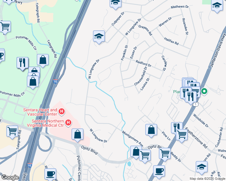 map of restaurants, bars, coffee shops, grocery stores, and more near 2111 Patrick Street in Woodbridge