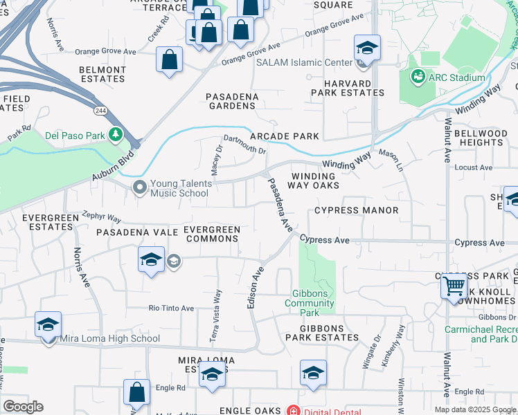 map of restaurants, bars, coffee shops, grocery stores, and more near 4582 Winding Way in Sacramento