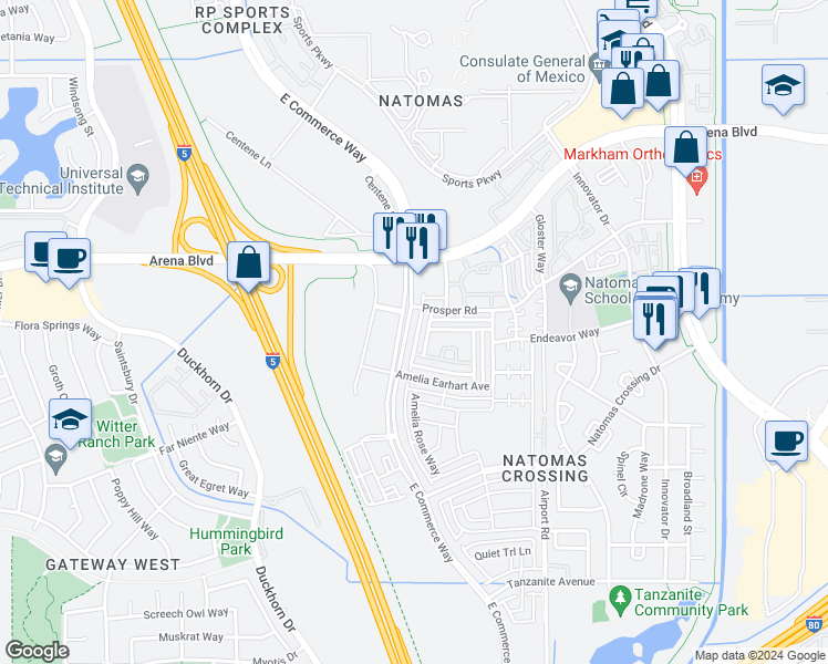 map of restaurants, bars, coffee shops, grocery stores, and more near 3980 East Commerce Way in Sacramento