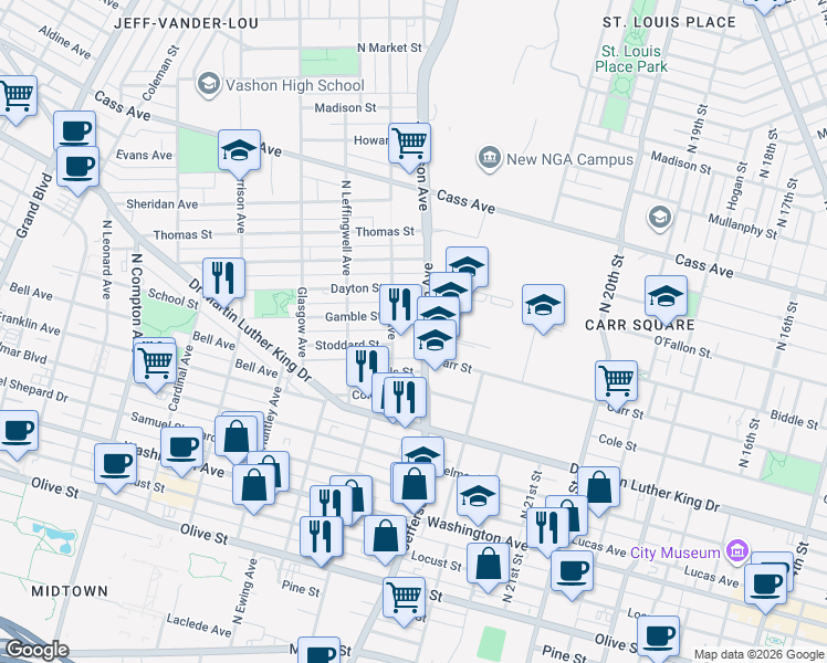 map of restaurants, bars, coffee shops, grocery stores, and more near 1211 North Jefferson Avenue in St. Louis