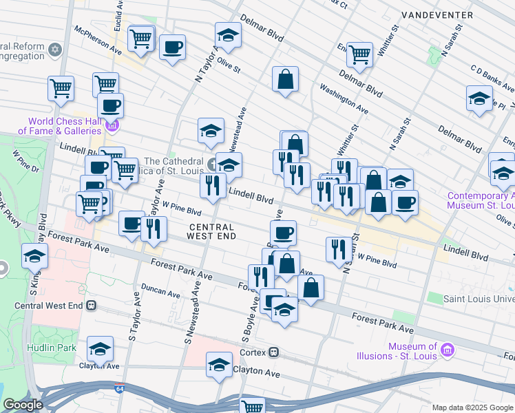 map of restaurants, bars, coffee shops, grocery stores, and more near 4339 Lindell Boulevard in St. Louis