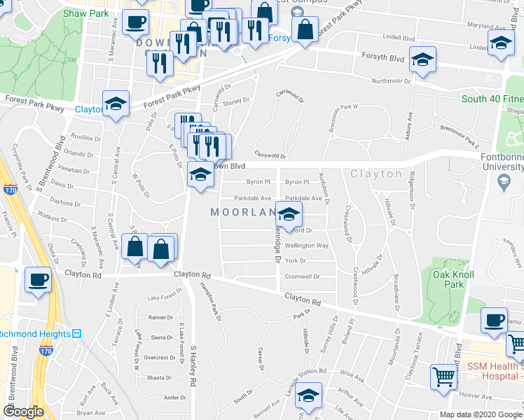 map of restaurants, bars, coffee shops, grocery stores, and more near 7501 Parkdale Avenue in St. Louis