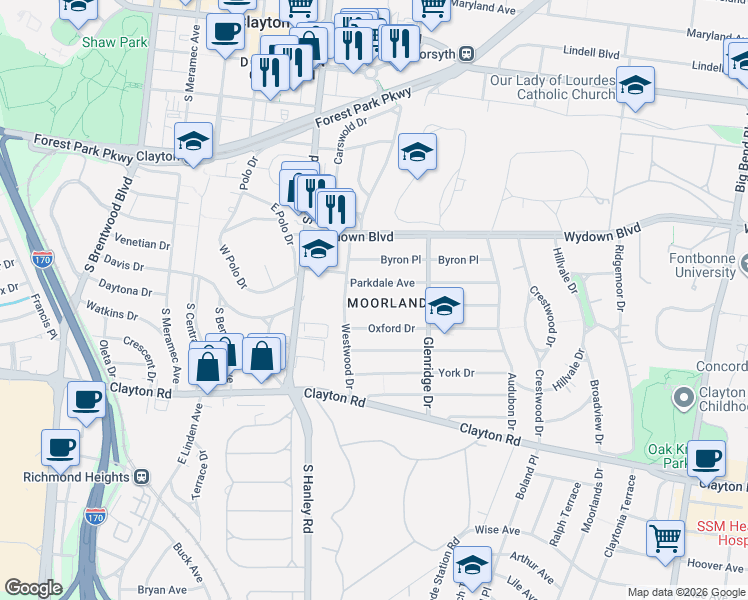 map of restaurants, bars, coffee shops, grocery stores, and more near 7537 Parkdale Avenue in Clayton
