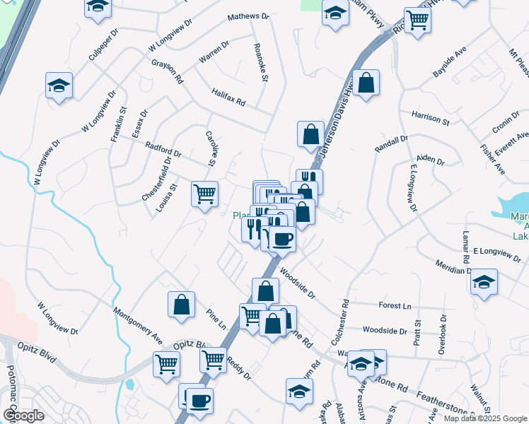 map of restaurants, bars, coffee shops, grocery stores, and more near 14336 Jefferson Davis Highway in Woodbridge