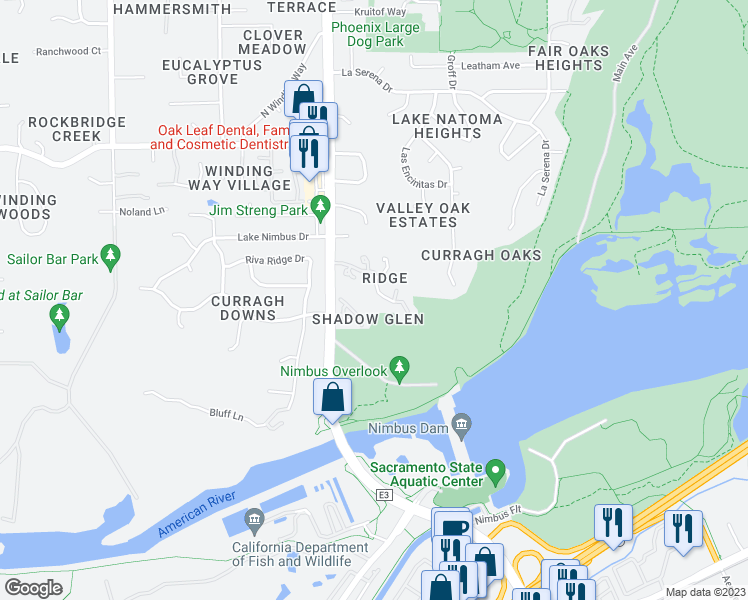 map of restaurants, bars, coffee shops, grocery stores, and more near 8944 Cliffside Lane in Fair Oaks