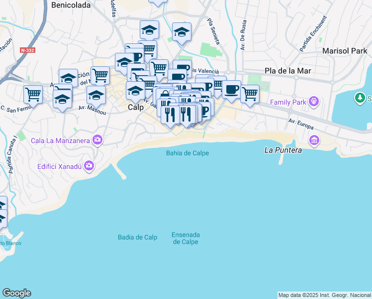map of restaurants, bars, coffee shops, grocery stores, and more near 2 Carrer Benidorm in Calp
