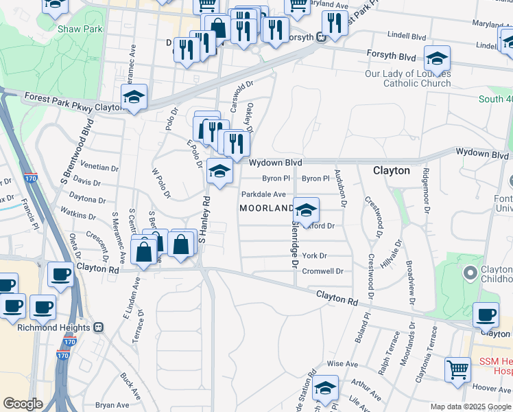 map of restaurants, bars, coffee shops, grocery stores, and more near 7537 Parkdale Avenue in Clayton