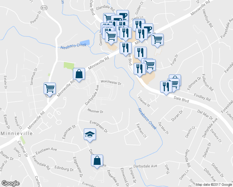 map of restaurants, bars, coffee shops, grocery stores, and more near 14301 Westminster Lane in Dale City