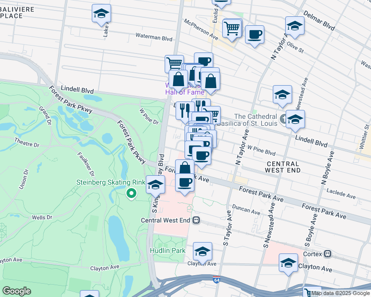 map of restaurants, bars, coffee shops, grocery stores, and more near 4937 Laclede Avenue in St. Louis