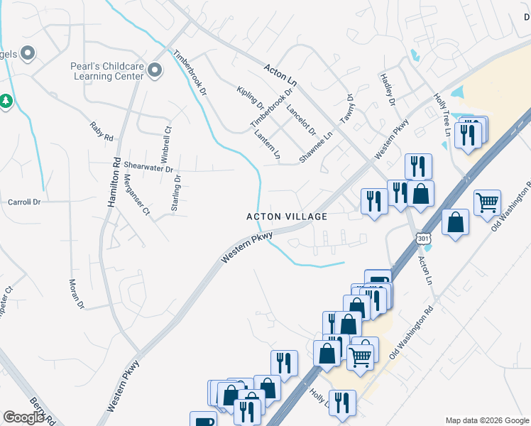 map of restaurants, bars, coffee shops, grocery stores, and more near 101 Brookside Place in Waldorf
