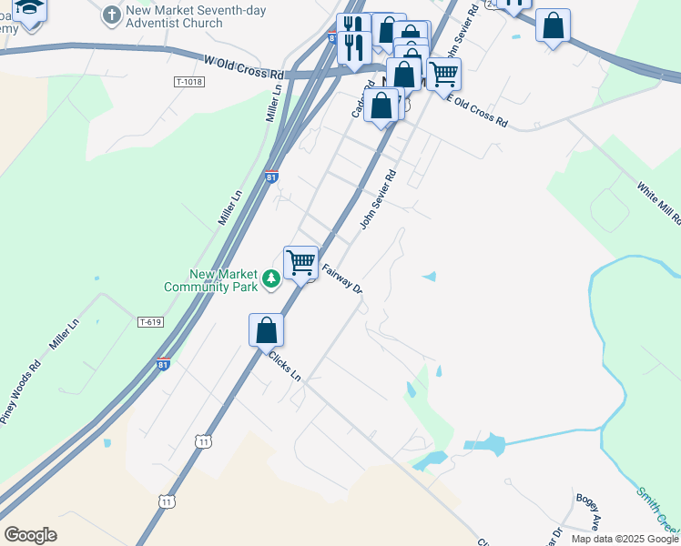 map of restaurants, bars, coffee shops, grocery stores, and more near 9656 John Sevier Road in New Market