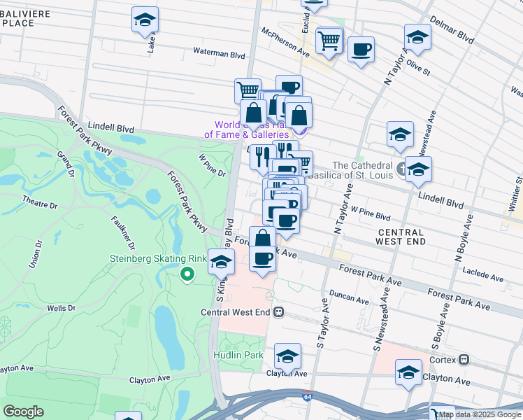 map of restaurants, bars, coffee shops, grocery stores, and more near 4937 Laclede Avenue in St. Louis