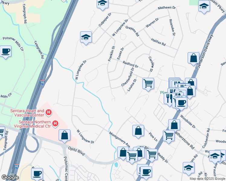 map of restaurants, bars, coffee shops, grocery stores, and more near 14323 Chesterfield Drive in Woodbridge