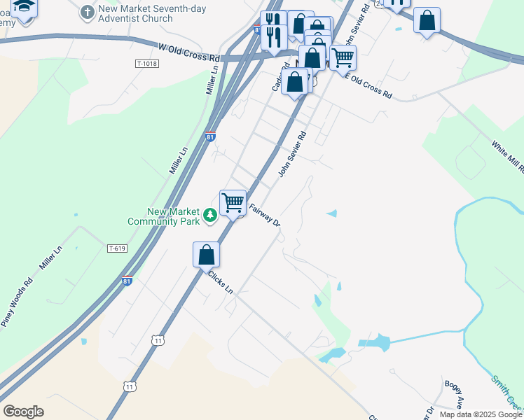 map of restaurants, bars, coffee shops, grocery stores, and more near 9656 John Sevier Road in New Market