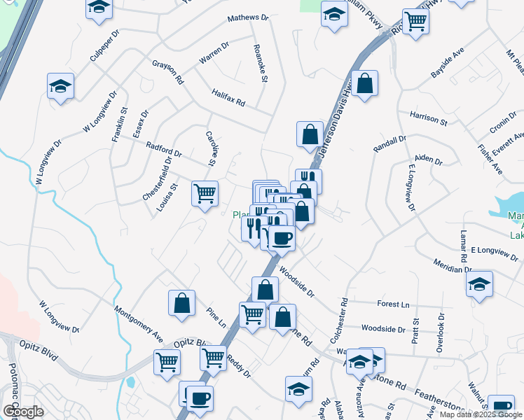 map of restaurants, bars, coffee shops, grocery stores, and more near 14334 Jefferson Davis Highway in Woodbridge