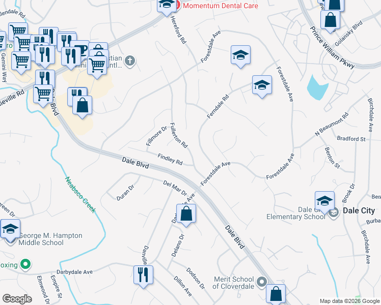 map of restaurants, bars, coffee shops, grocery stores, and more near Fullerton Rd in Woodbridge