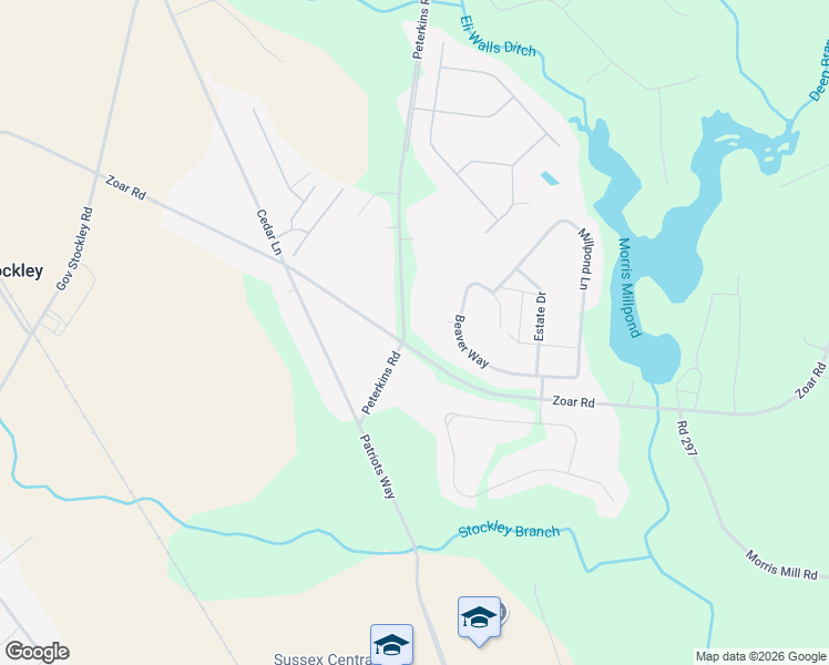 map of restaurants, bars, coffee shops, grocery stores, and more near 24671 Peterkins Road in Georgetown