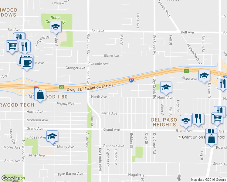 map of restaurants, bars, coffee shops, grocery stores, and more near 943 North Avenue in Sacramento