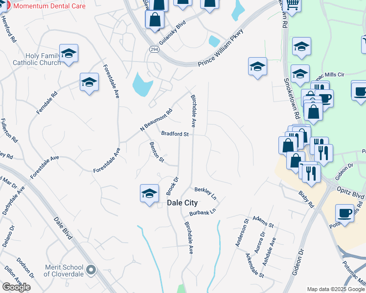 map of restaurants, bars, coffee shops, grocery stores, and more near 14307 Brook Drive in Woodbridge