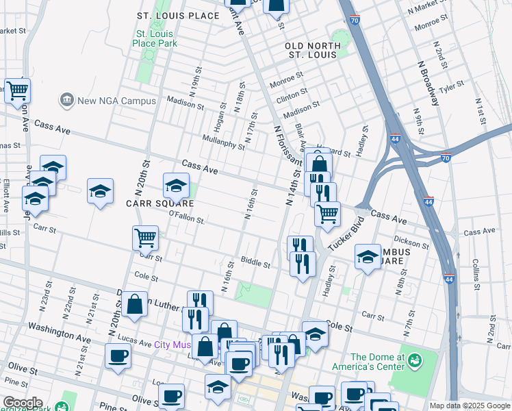map of restaurants, bars, coffee shops, grocery stores, and more near 1509 Cochran Place in St. Louis