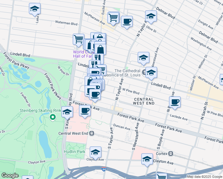 map of restaurants, bars, coffee shops, grocery stores, and more near 4531-4537 West Pine Boulevard in St. Louis