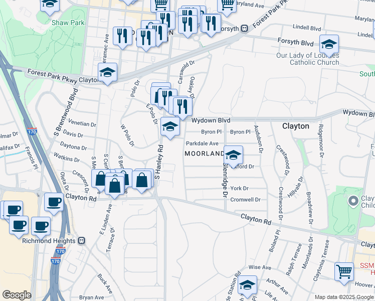 map of restaurants, bars, coffee shops, grocery stores, and more near 7575 Parkdale Avenue in Clayton