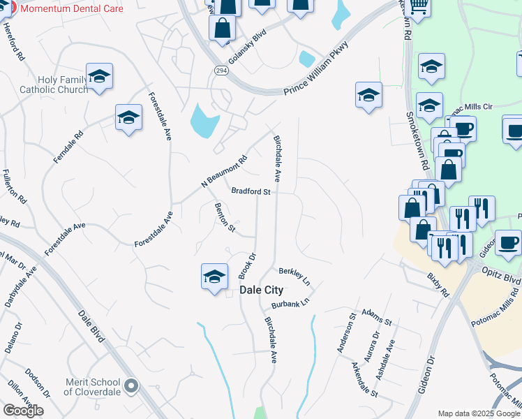 map of restaurants, bars, coffee shops, grocery stores, and more near 14307 Brook Drive in Woodbridge