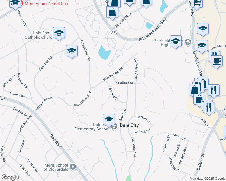 map of restaurants, bars, coffee shops, grocery stores, and more near 14384 Berkshire Drive in Woodbridge