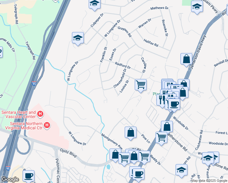 map of restaurants, bars, coffee shops, grocery stores, and more near 14402 Chamberlain Place in Woodbridge
