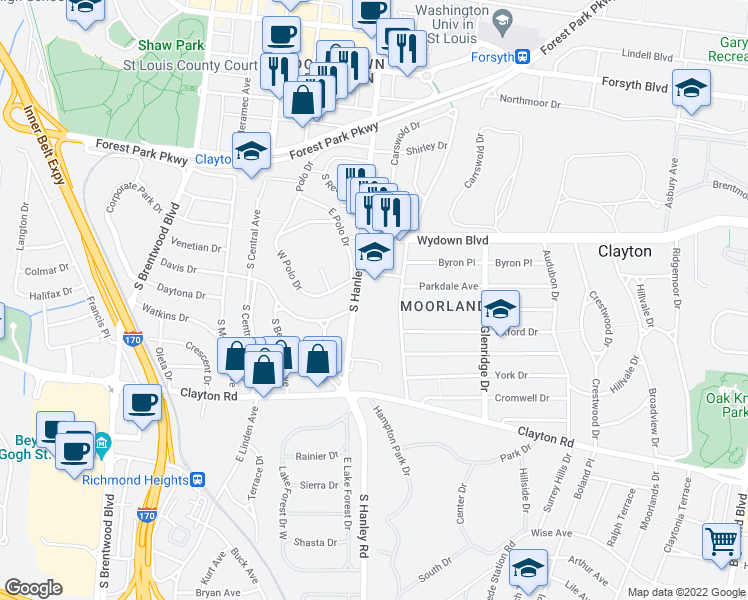 map of restaurants, bars, coffee shops, grocery stores, and more near 700 South Hanley Road in Clayton