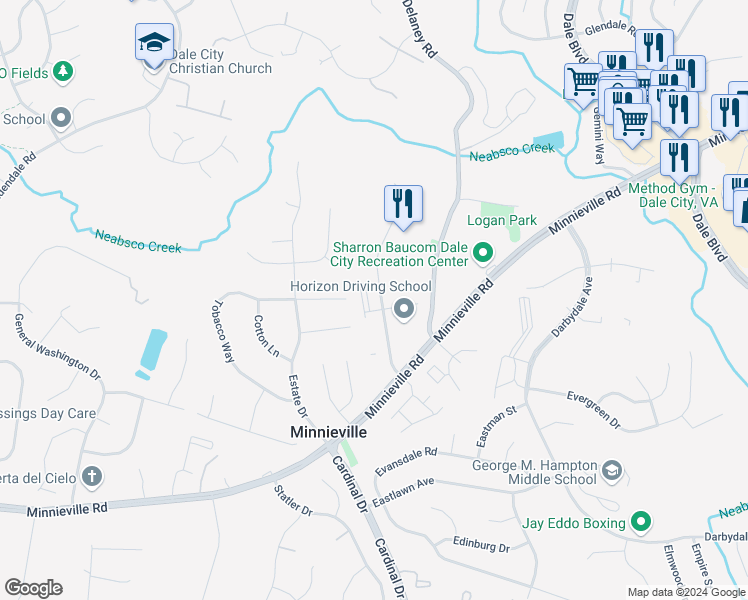 map of restaurants, bars, coffee shops, grocery stores, and more near 4662 Whitaker Place in Woodbridge