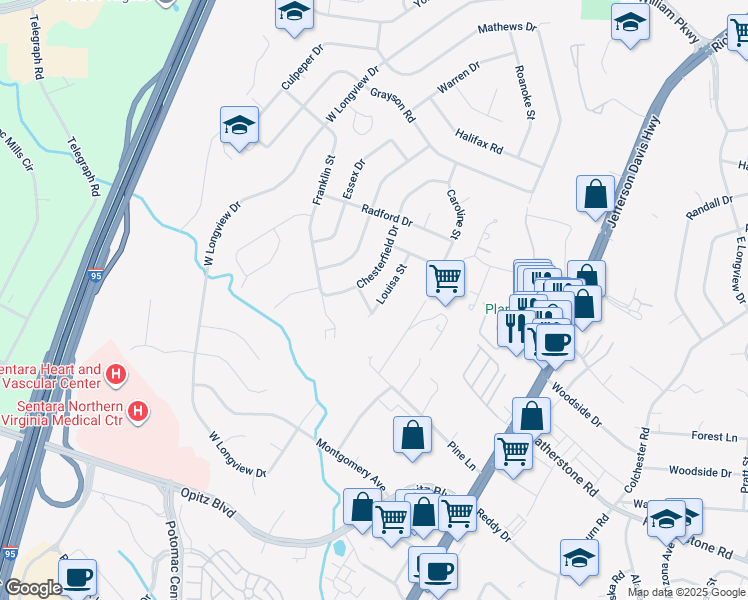 map of restaurants, bars, coffee shops, grocery stores, and more near 14318 Louisa Street in Woodbridge