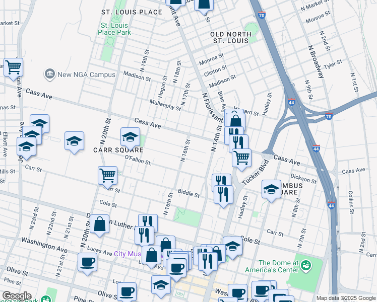 map of restaurants, bars, coffee shops, grocery stores, and more near 1509 Cochran Place in St. Louis