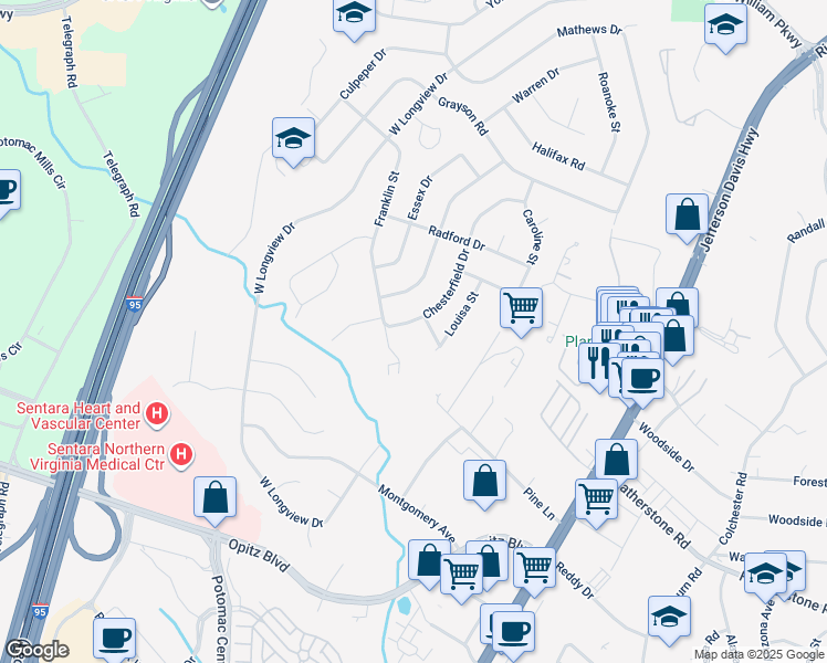 map of restaurants, bars, coffee shops, grocery stores, and more near 14317 Chesterfield Dr in Woodbridge