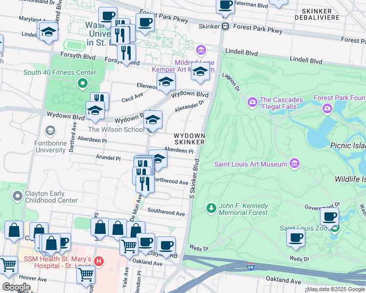 map of restaurants, bars, coffee shops, grocery stores, and more near 11 Aberdeen Place in Saint Louis