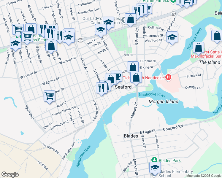 map of restaurants, bars, coffee shops, grocery stores, and more near 218 High Street in Seaford