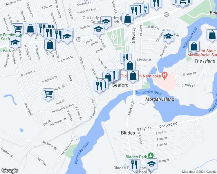map of restaurants, bars, coffee shops, grocery stores, and more near 218 High Street in Seaford