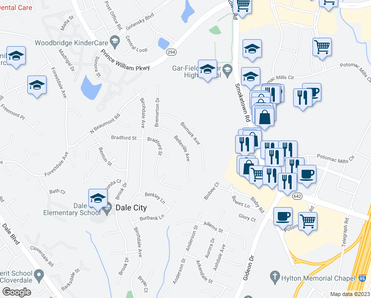 map of restaurants, bars, coffee shops, grocery stores, and more near Belleville Avenue in Woodbridge