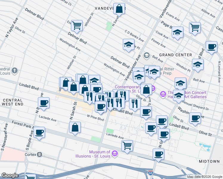 map of restaurants, bars, coffee shops, grocery stores, and more near 3918 Olive Street in St. Louis