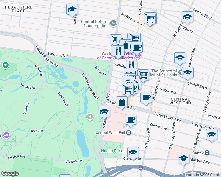 map of restaurants, bars, coffee shops, grocery stores, and more near 3202 Kingshighway Boulevard in St. Louis