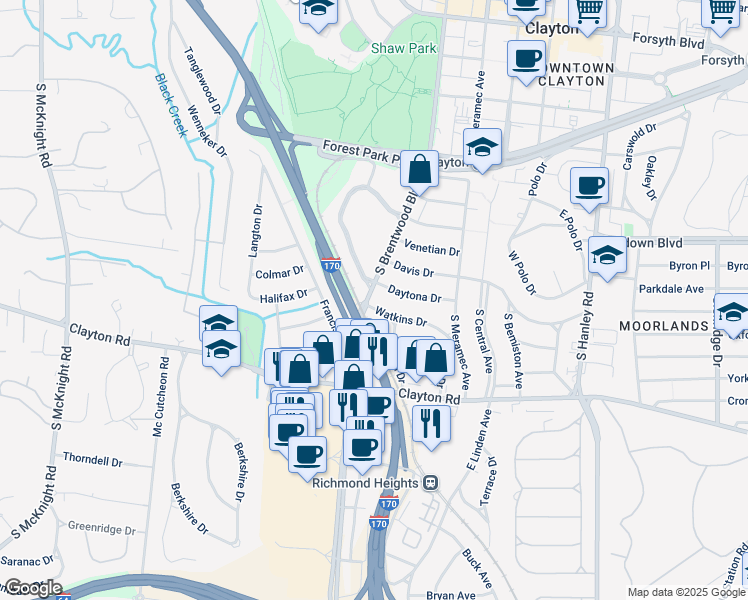 map of restaurants, bars, coffee shops, grocery stores, and more near 818 South Brentwood Boulevard in Clayton
