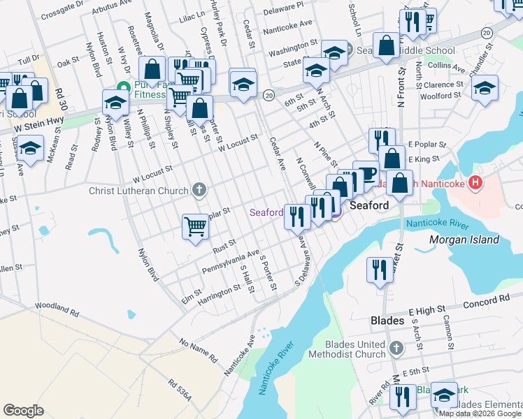 map of restaurants, bars, coffee shops, grocery stores, and more near 21 Marathon Drive in Seaford