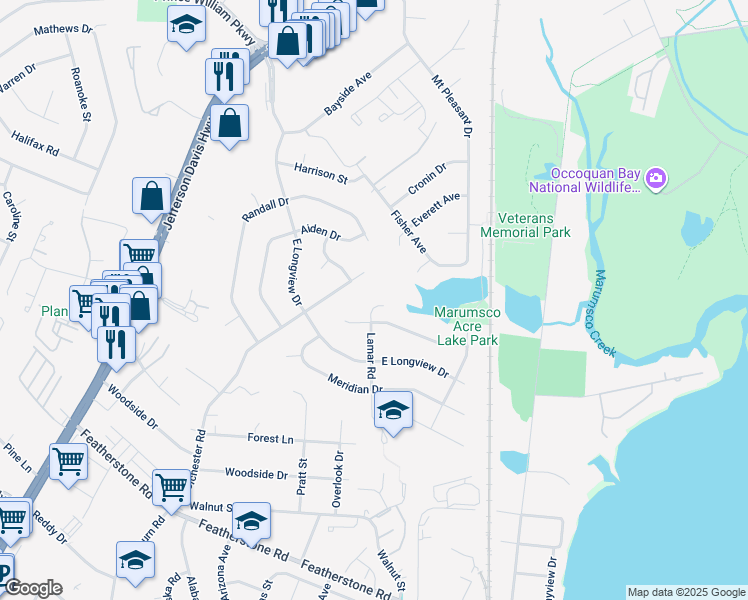 map of restaurants, bars, coffee shops, grocery stores, and more near 14404 Lamar Road in Woodbridge