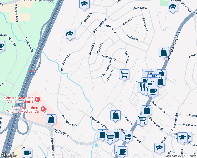 map of restaurants, bars, coffee shops, grocery stores, and more near 14317 Chesterfield Drive in Woodbridge