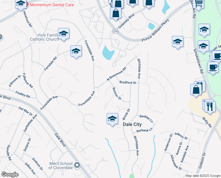 map of restaurants, bars, coffee shops, grocery stores, and more near 3409 Braddock Drive in Woodbridge