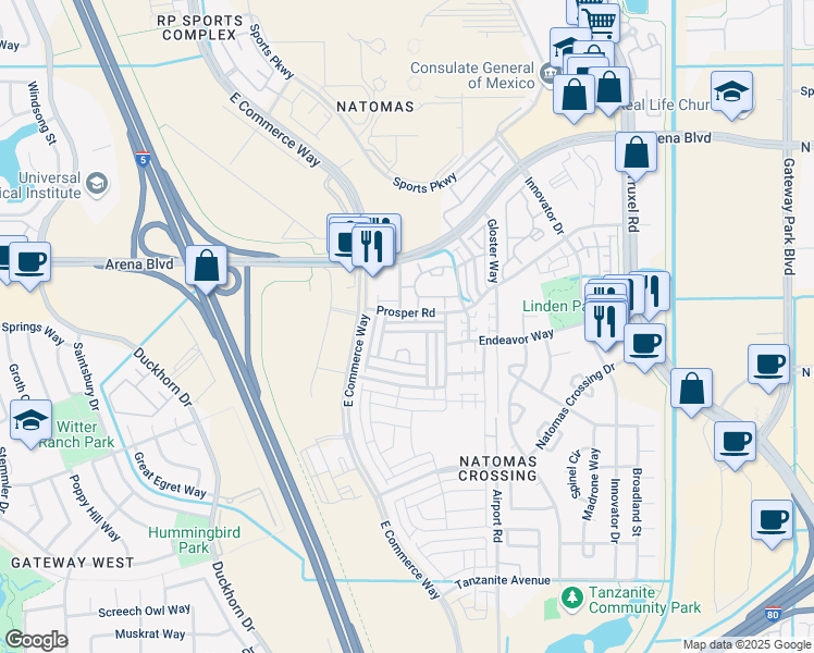 map of restaurants, bars, coffee shops, grocery stores, and more near 2555 Prosper Road in Sacramento