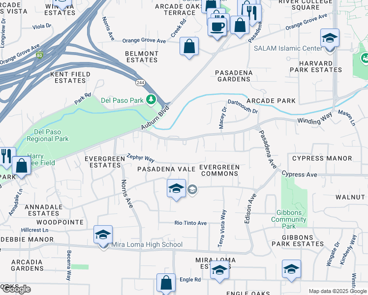 map of restaurants, bars, coffee shops, grocery stores, and more near 4310 Winding Way in Sacramento
