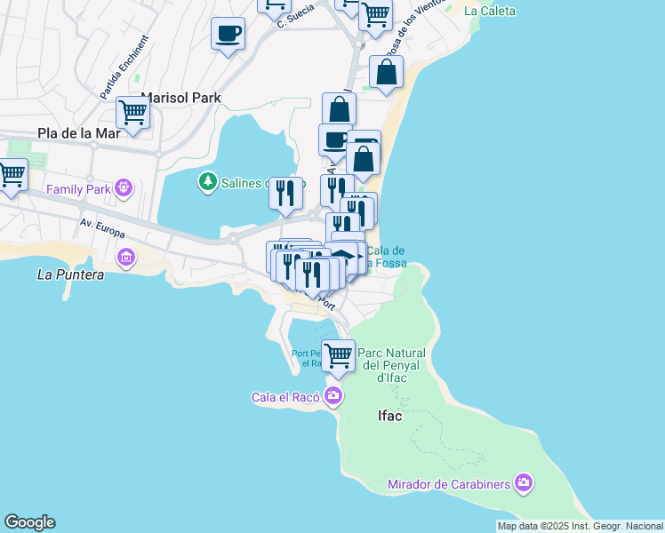 map of restaurants, bars, coffee shops, grocery stores, and more near 4 Calle Teulada in Calpe